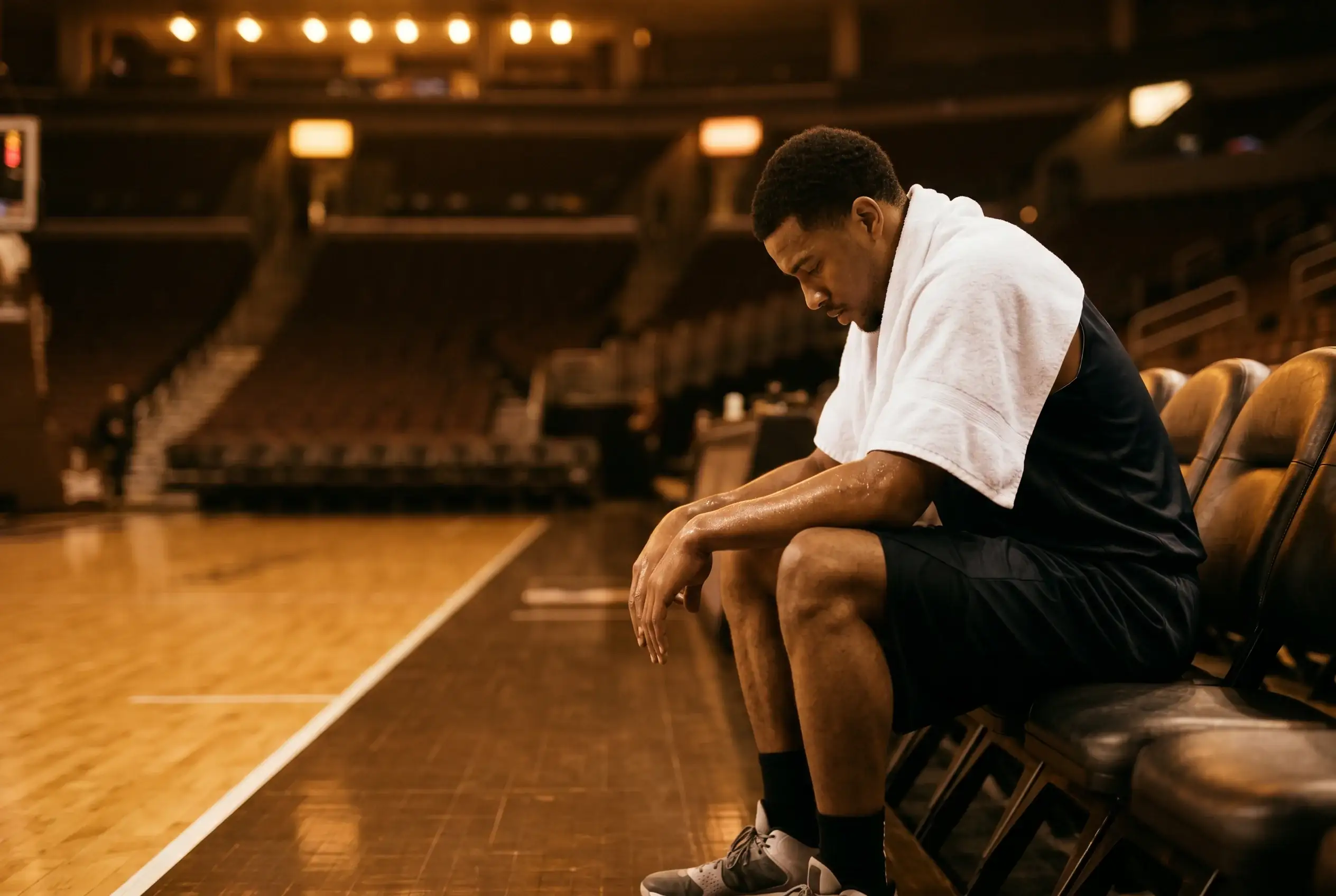 An NBA player sitting on the bench with a towel over his shoulders during a timeout, visibly fatigued under arena lighting