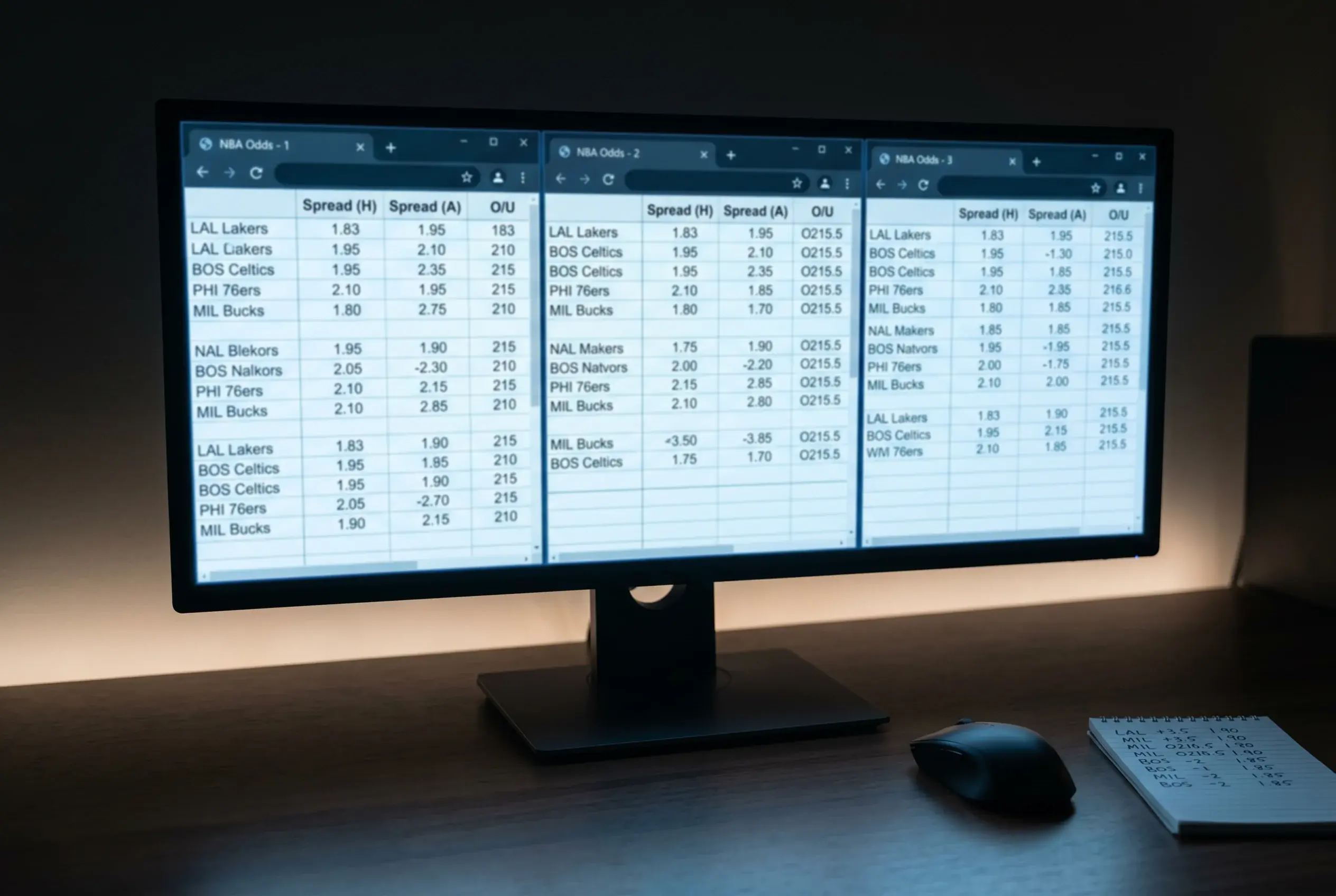 A desktop monitor displaying multiple sportsbook tabs with NBA odds columns side by side in a dimly lit room