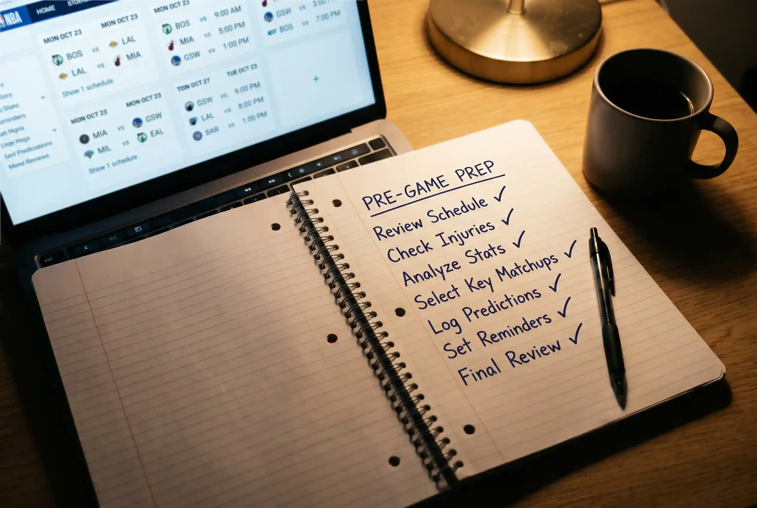 A notebook open beside a laptop showing the NBA schedule, with a pen and a mug on a wooden desk in the evening